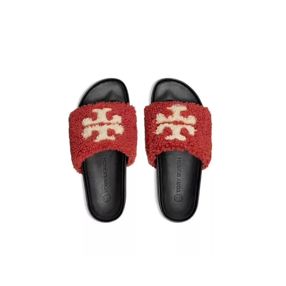 NEW Tory Burch Double T Fuzzy Shearling Platform Slides Sandals Slippers Sz 10